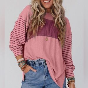 🎀 Amazon Dokotoo striped longsleeve relaxed fit tshirt blouse mauve pink large